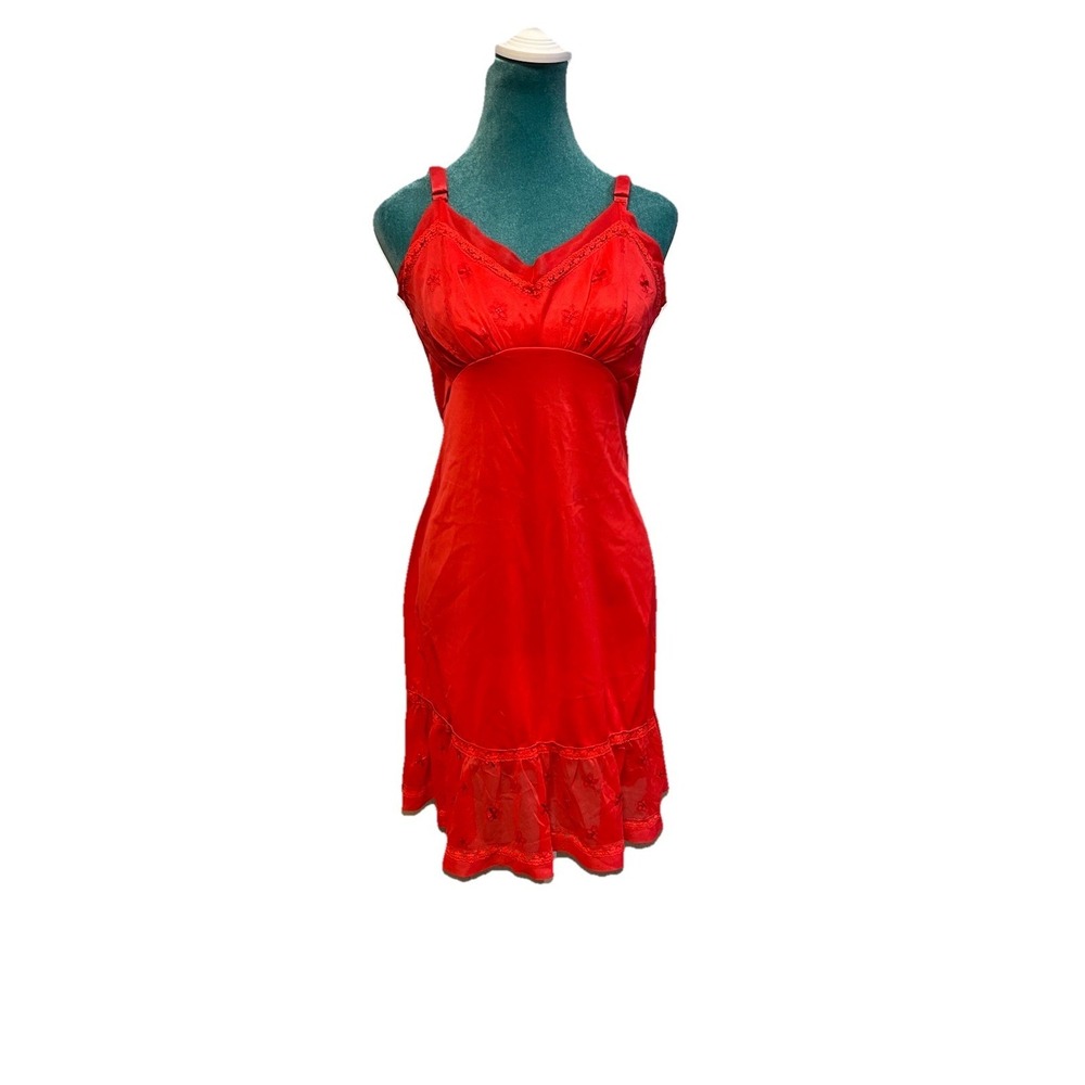 Vintage 1960s Micheline Red Nylon Full Slip Lace Trim Floral Embroidered Size 38
